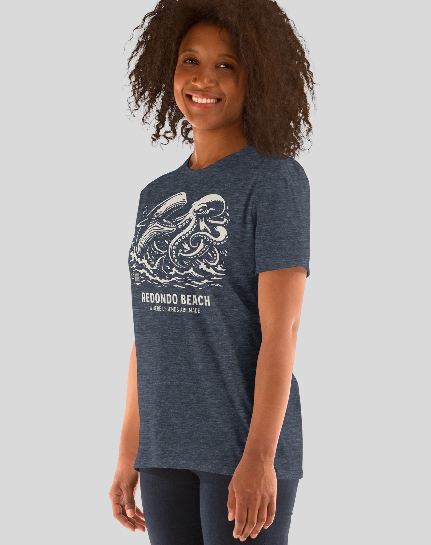 Unisex: Redondo Beach Octopus vs Whale Legends Tee | Heather Navy