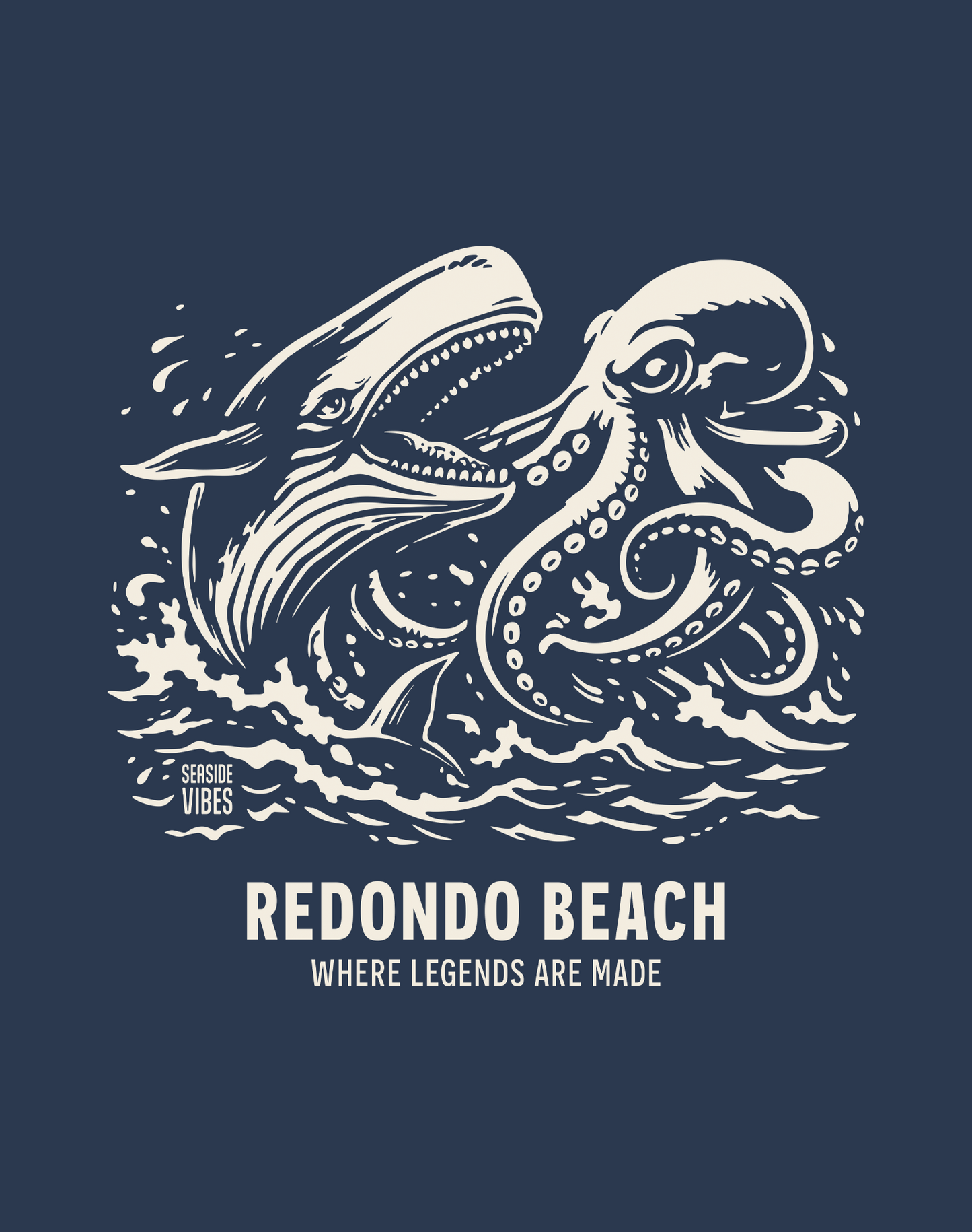 Redondo Beach Octopus vs Whale Legends Tee - Cotton Blend | Midnight Navy