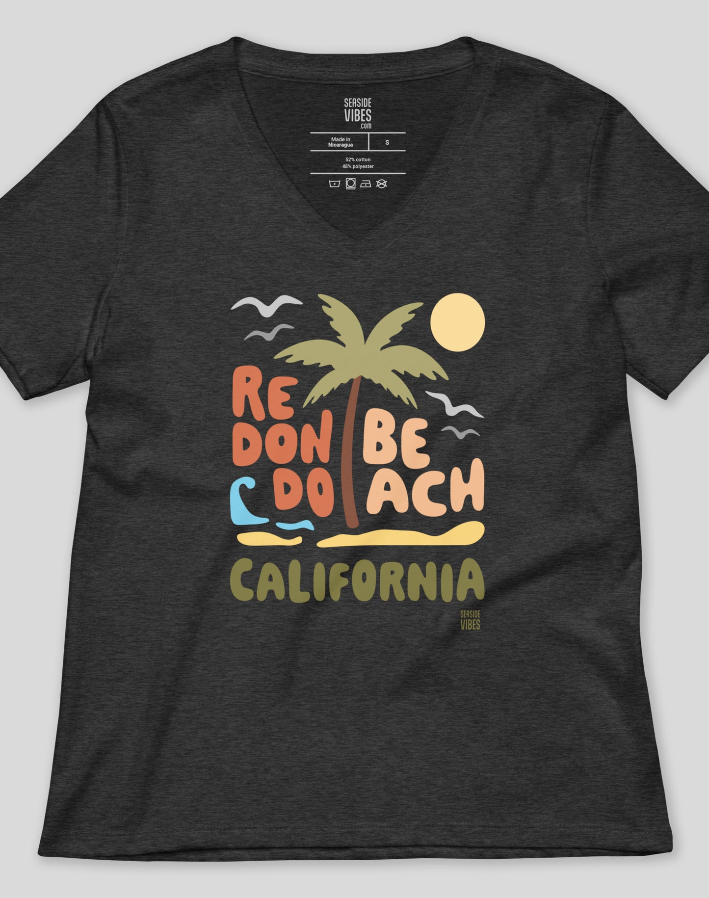 V-Neck: Redondo Beach Palm Tee | Dark Grey Heather