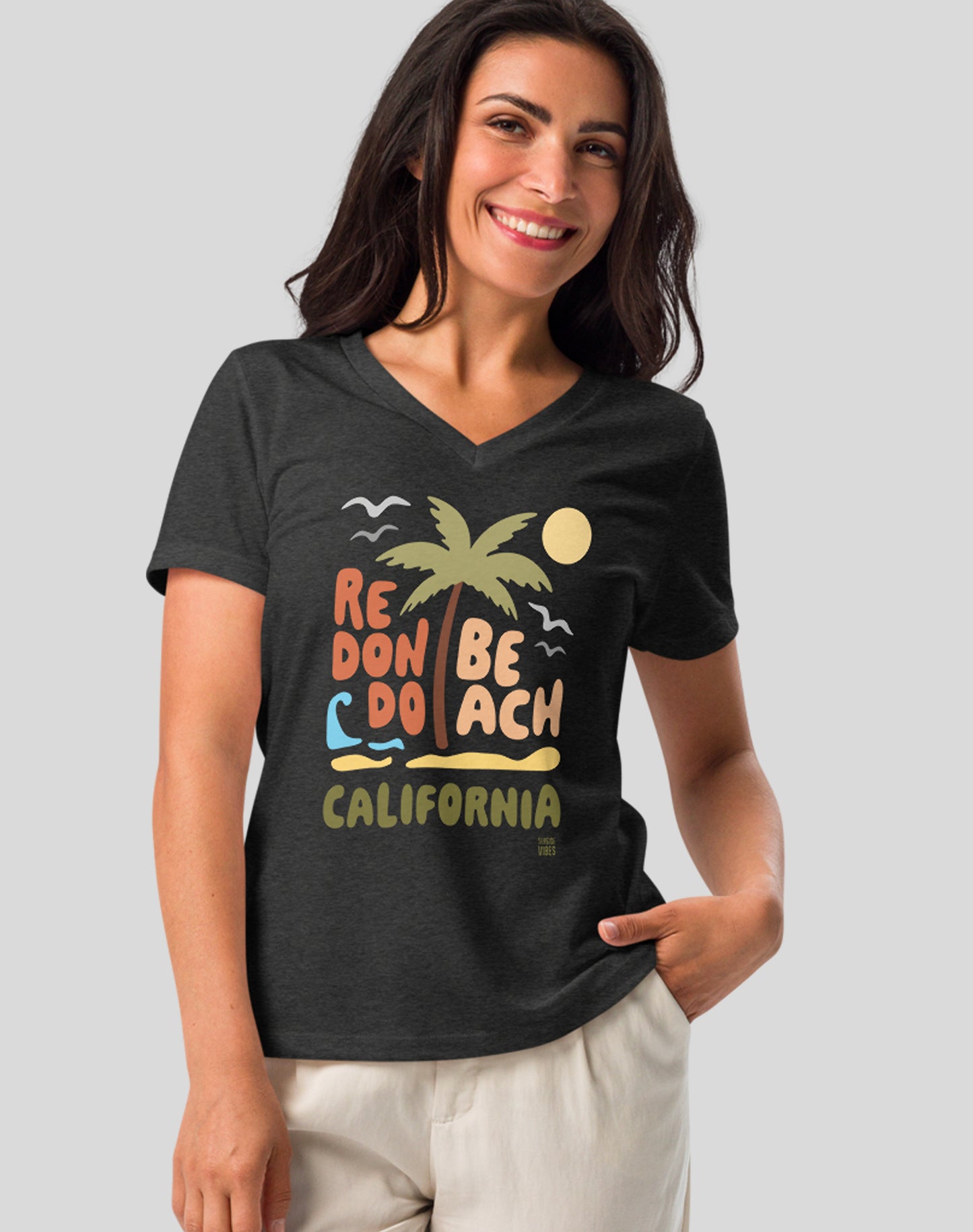 V-Neck: Redondo Beach Palm Tee | Dark Grey Heather