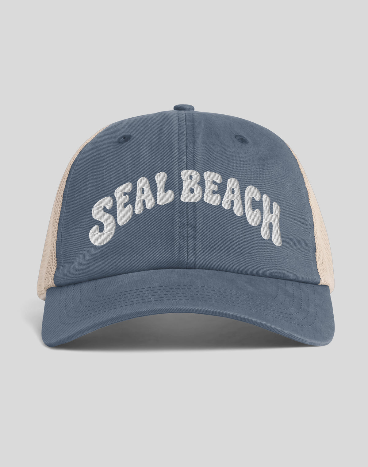Seal Beach Groovy Sunwashed Trucker Hat | Denim/Tan