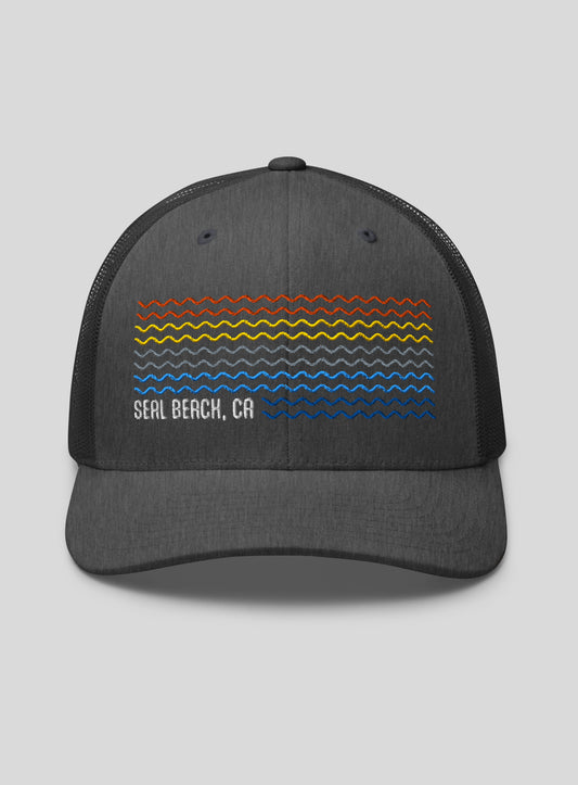Seal Beach Sunset Waves Trucker Hat - Dark Heather Grey