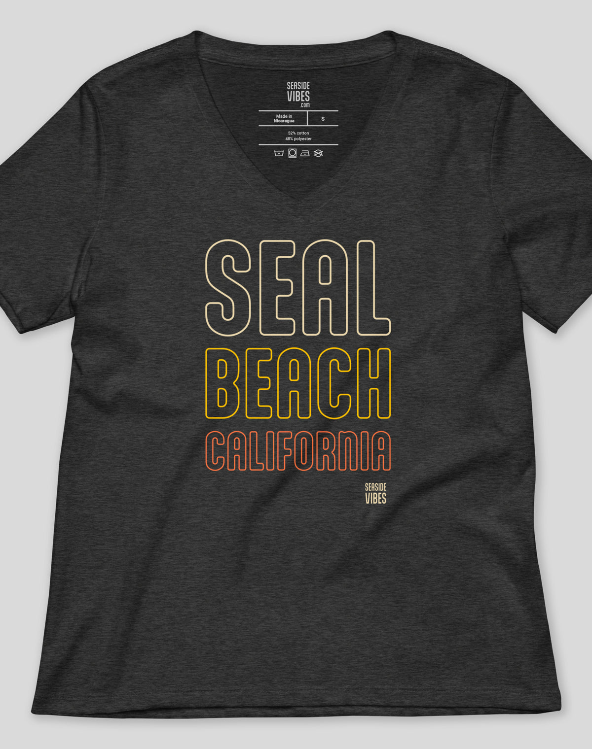 V-Neck: Seal Beach Neon Sunset Tee | Dark Grey Heather