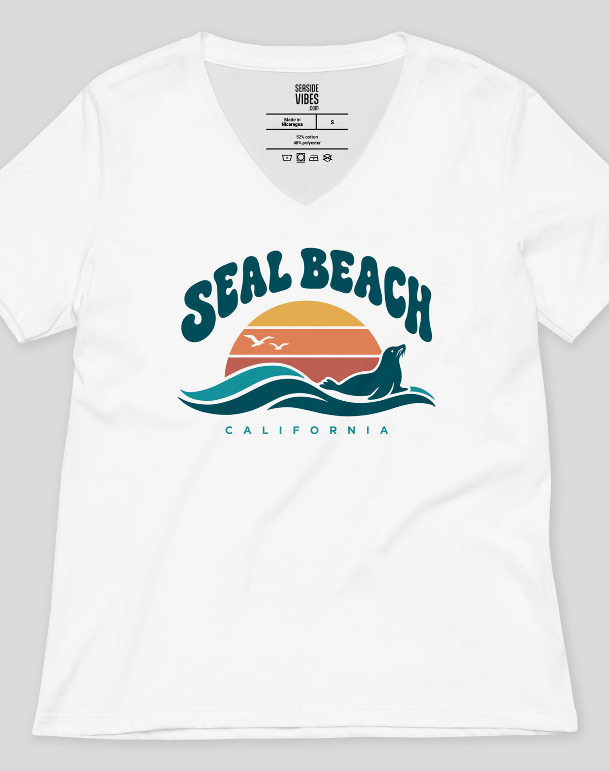 V-Neck: Seal Beach Groovy Sunset Tee - White