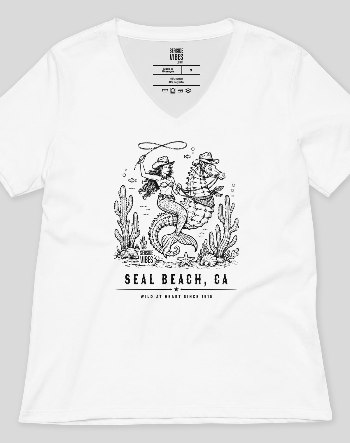 V-Neck: Seal Beach Wild at Heart Since 1915 Tee - White