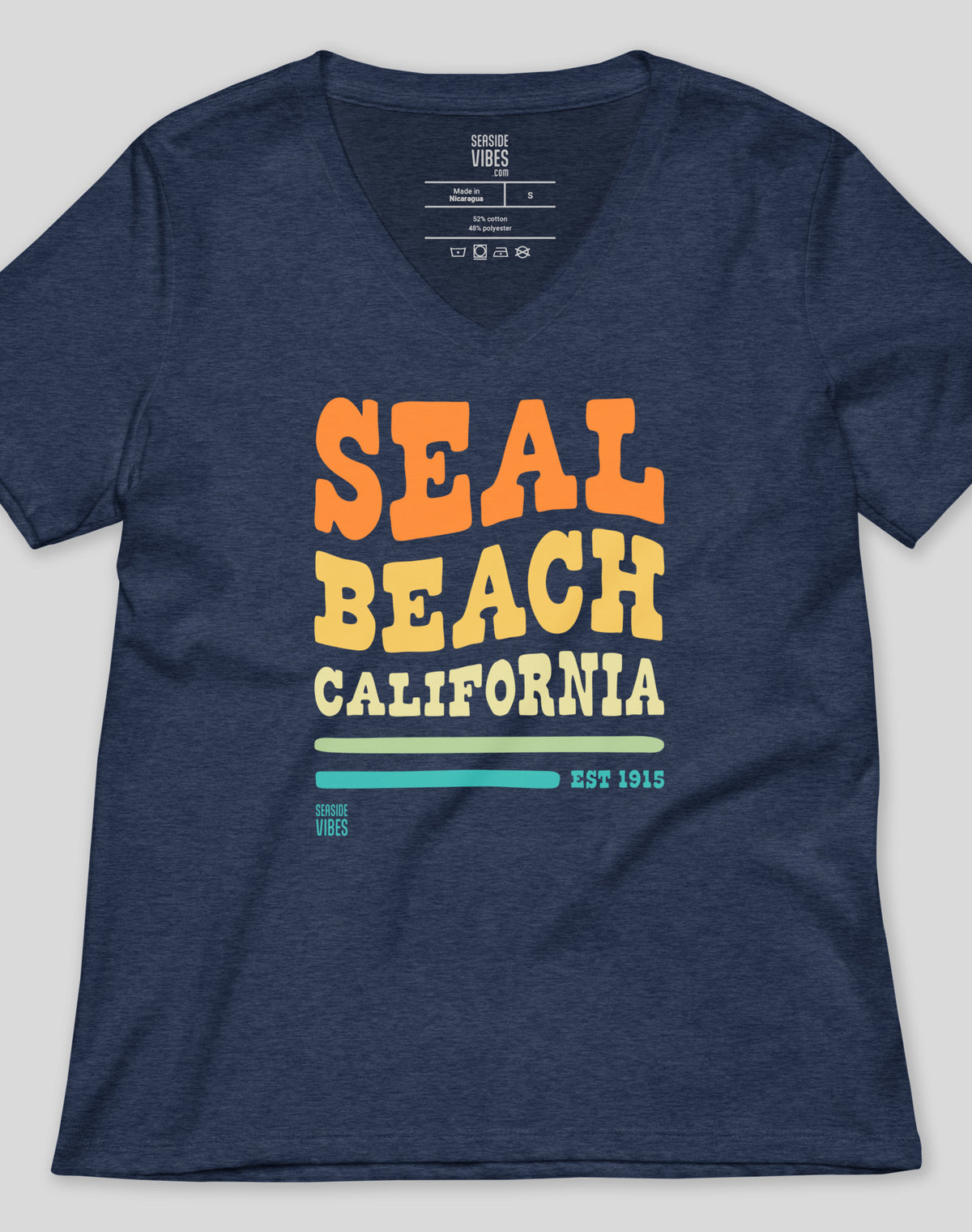 V-Neck: Seal Beach Vibes Tee - Heather Navy