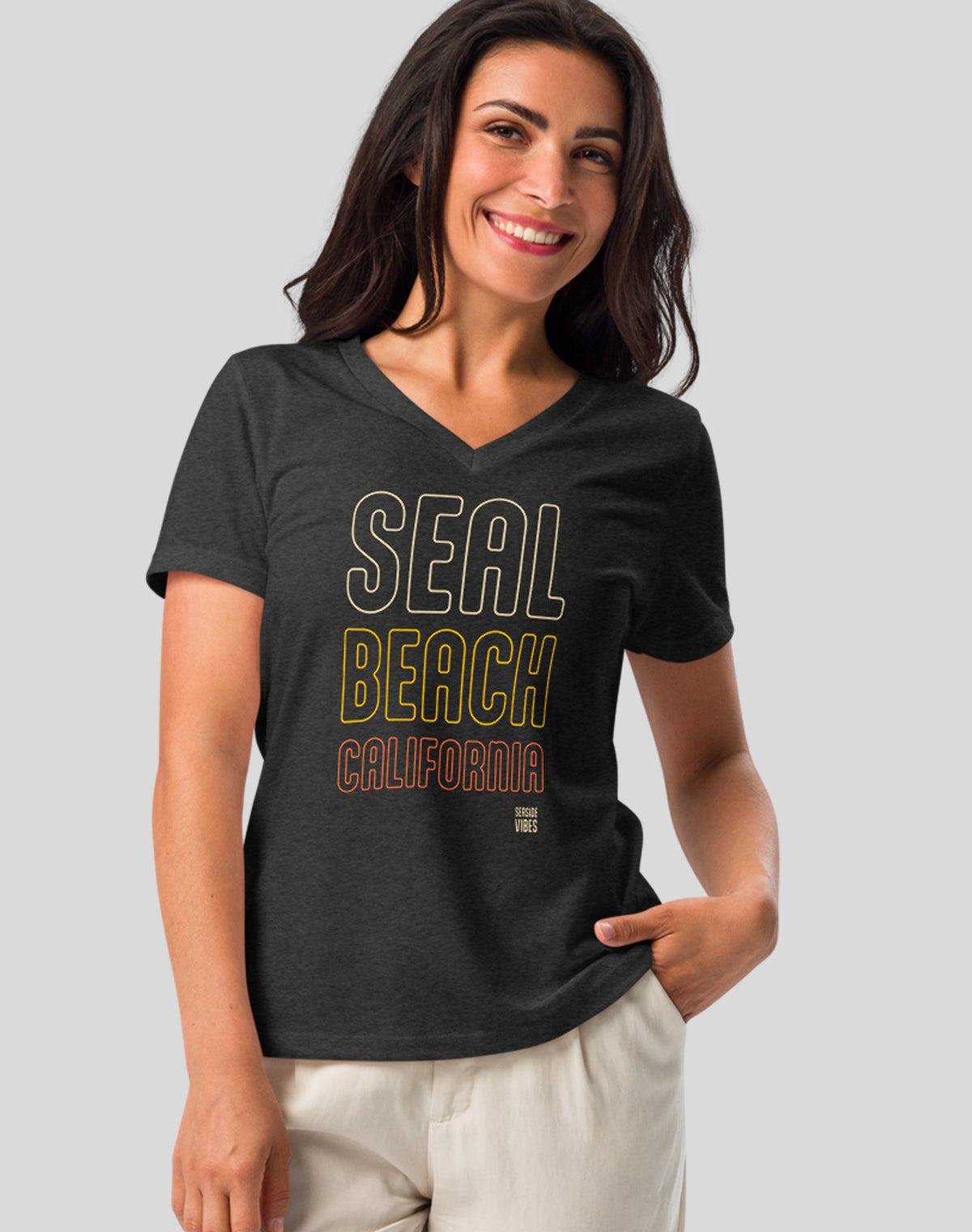 V-Neck: Seal Beach Neon Sunset Tee | Dark Grey Heather