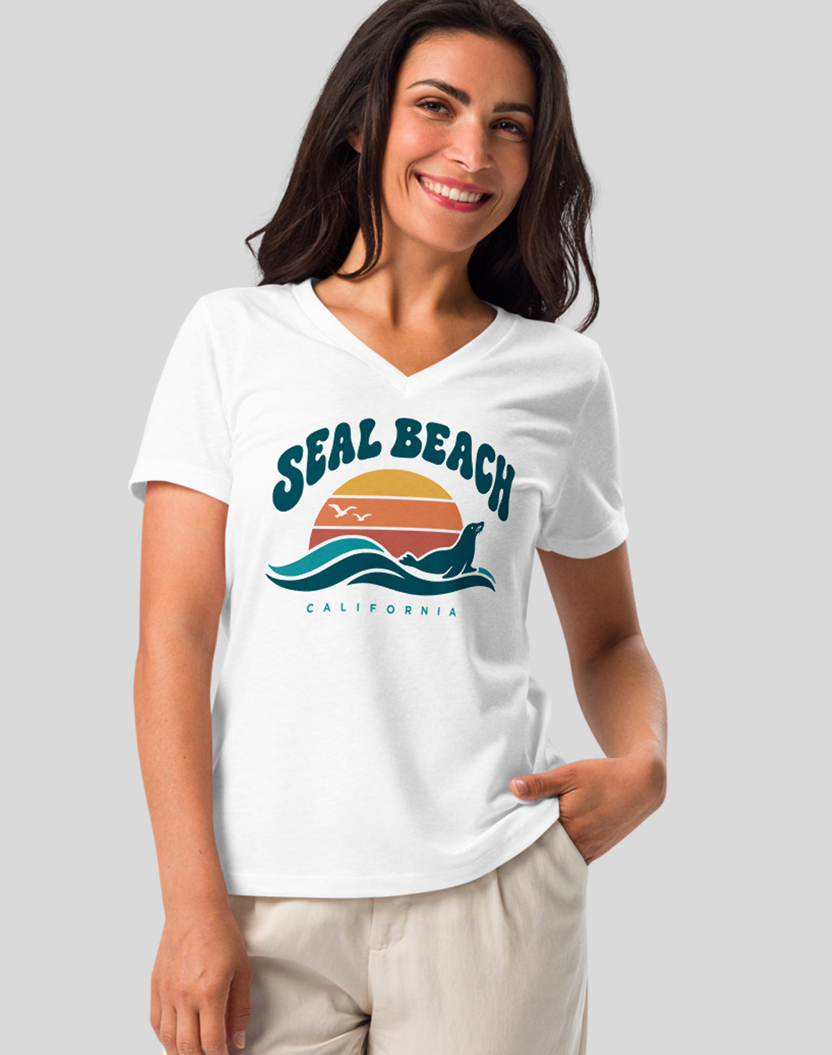 V-Neck: Seal Beach Groovy Sunset Tee - White