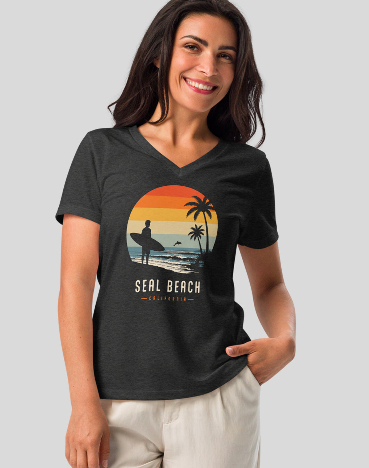 V-Neck: Seal Beach Away From Keyboard Tee | Dark Grey Heather