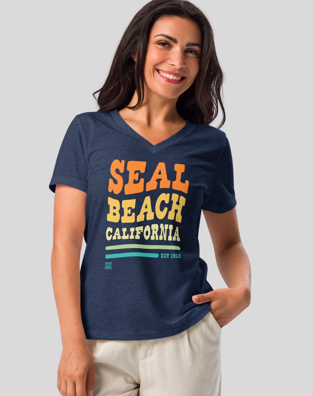 V-Neck: Seal Beach Vibes Tee - Heather Navy