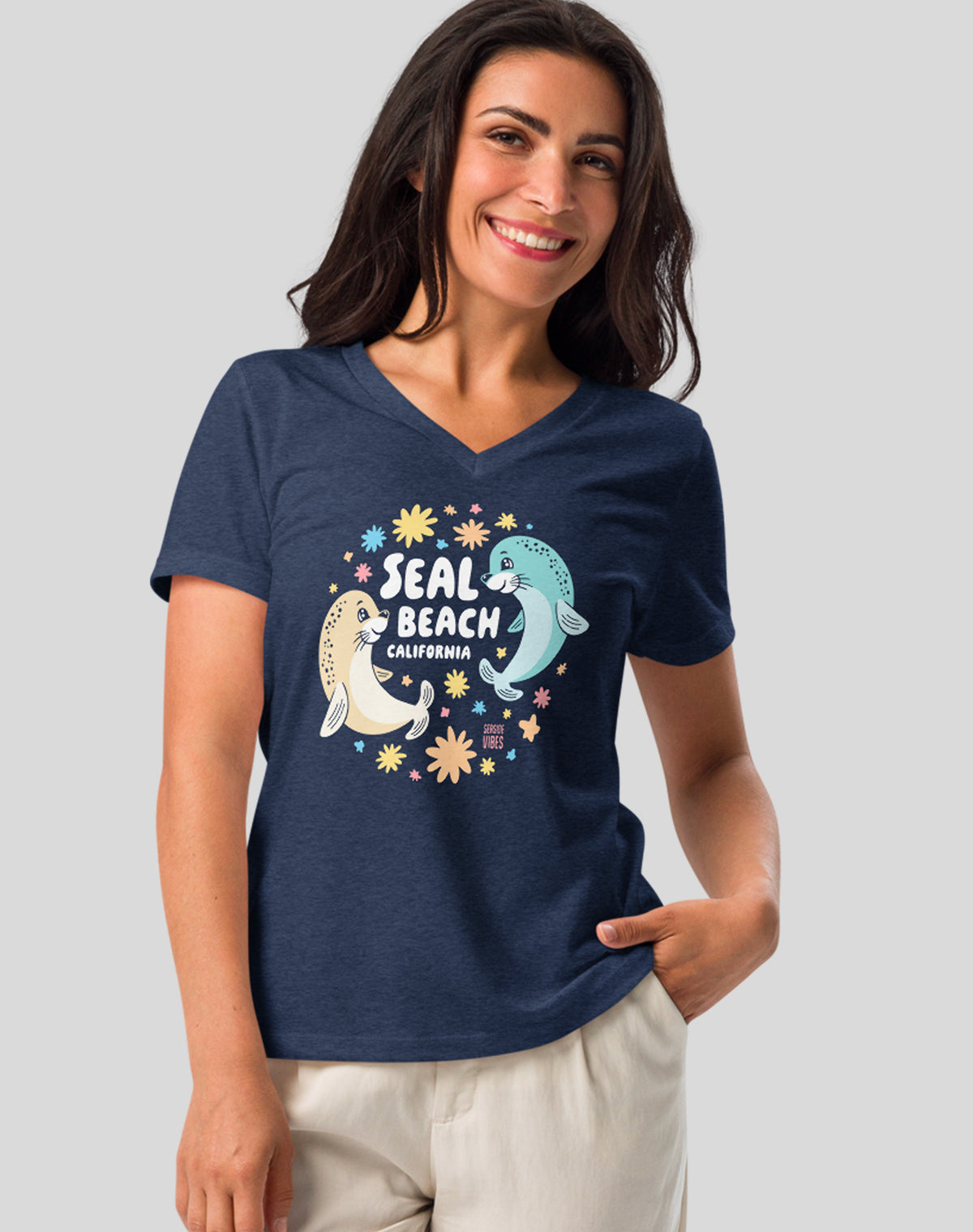V-Neck: Seal Beach Bliss Tee - Heather Navy
