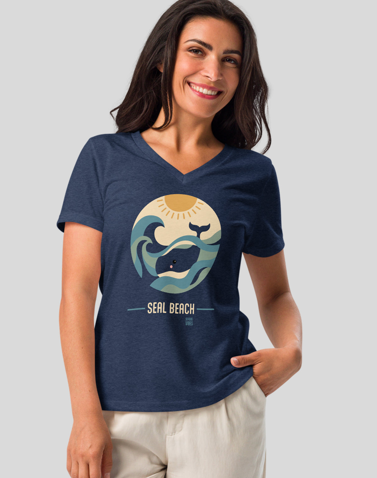 V-Neck: Seal Beach Whale Sunset Tee - Heather Navy