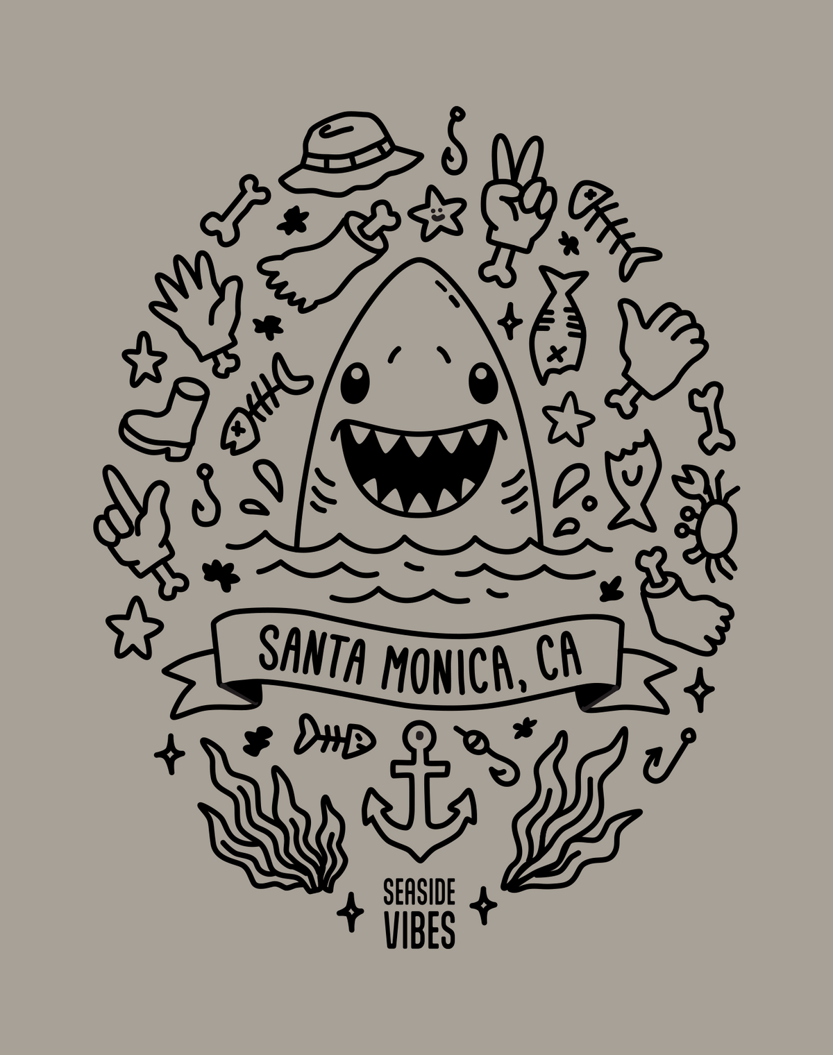 Santa Monica Shark Attack! Tee - Cotton Blend | Stone Grey