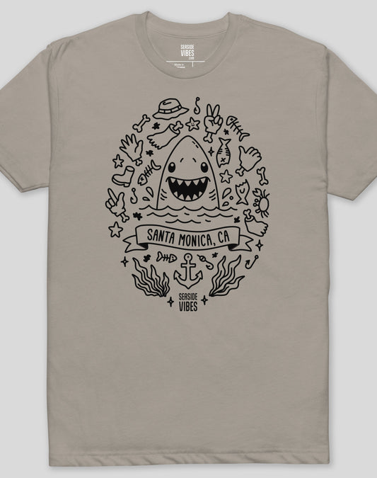 Santa Monica Shark Attack! Tee - Cotton Blend | Stone Grey