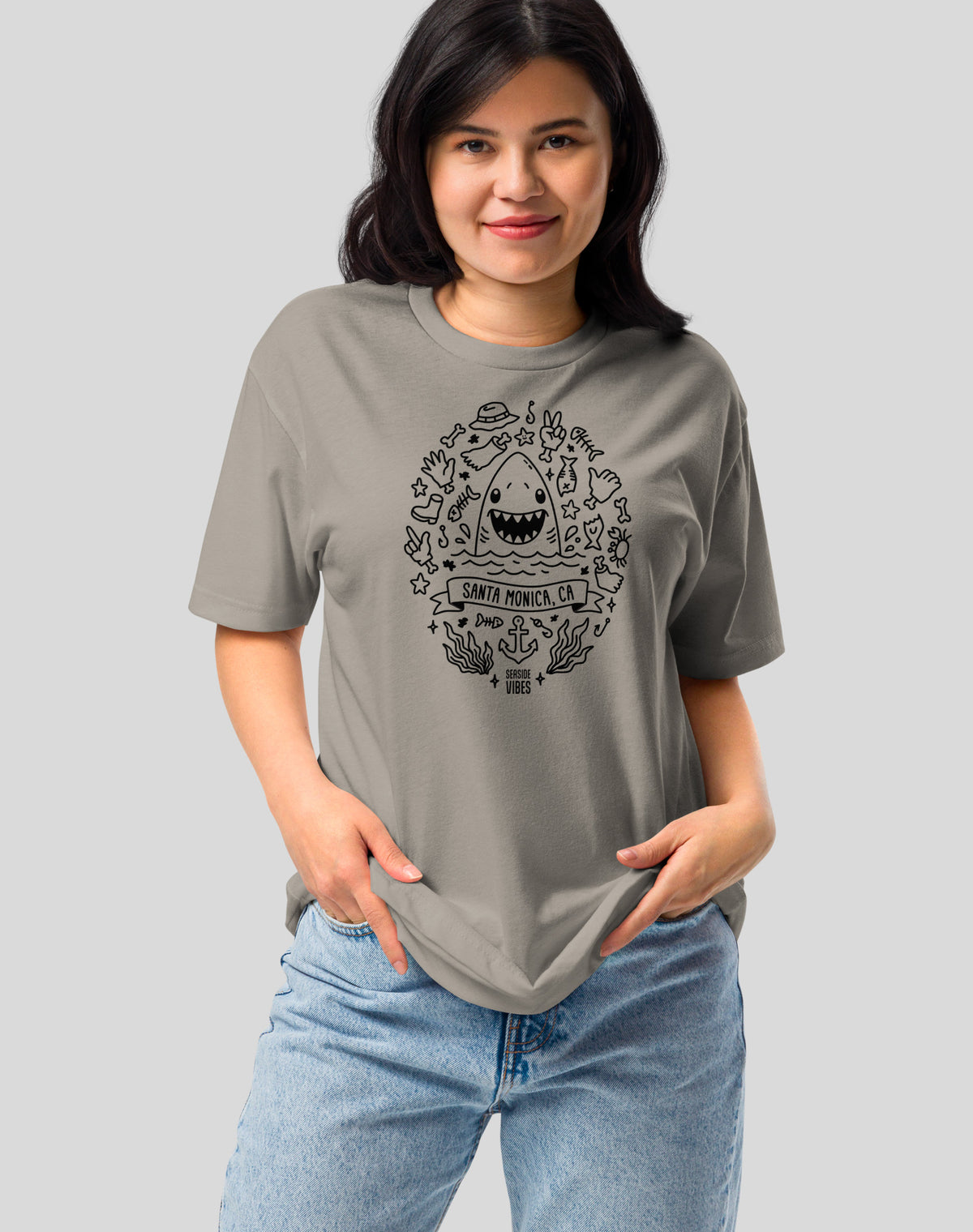 Santa Monica Shark Attack! Tee - Cotton Blend | Stone Grey