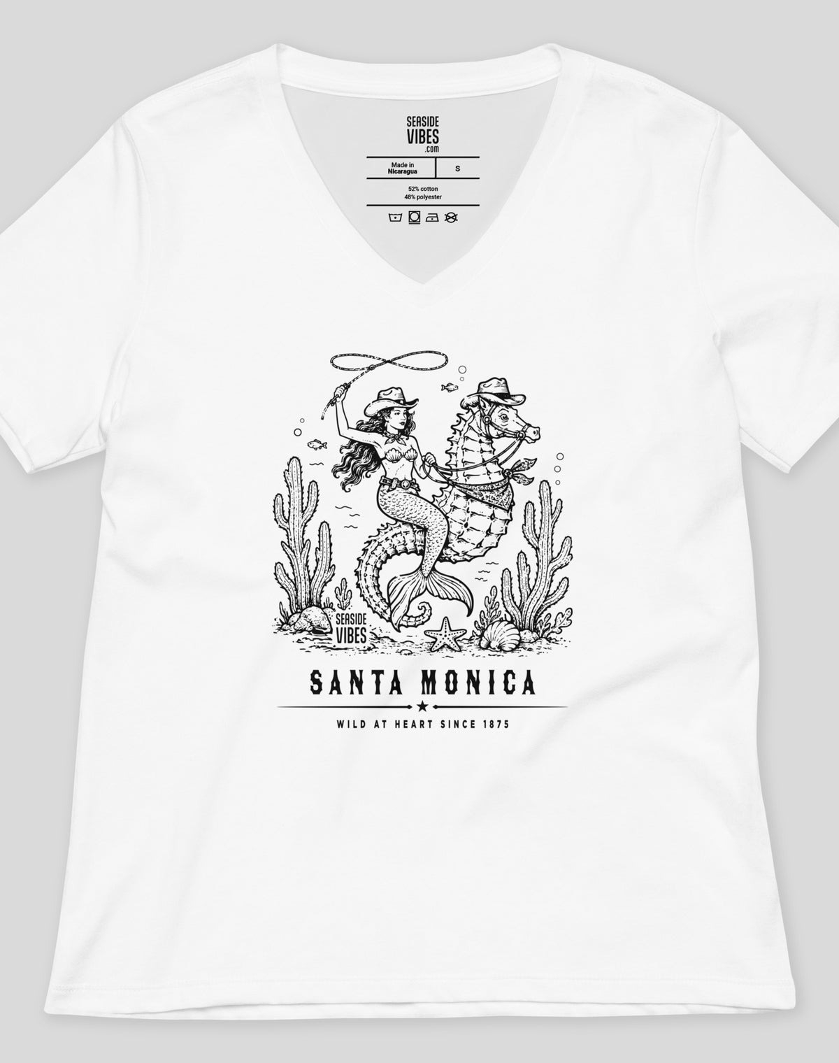 V-Neck: Santa Monica Wild at Heart Since 1875 Tee - White