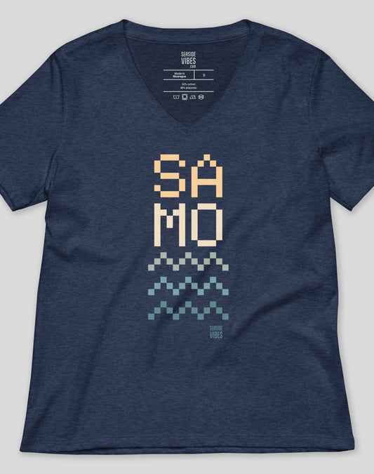 V-Neck: Santa Monica SAMO Pixel Tee | Heather Navy
