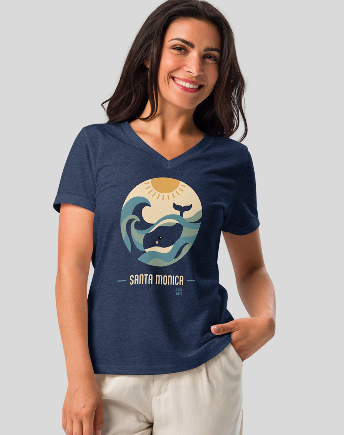 V-Neck: Santa Monica Whale Sunset Tee | Heather Navy