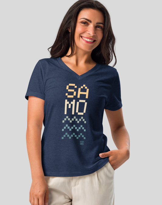 V-Neck: Santa Monica SAMO Pixel Tee | Heather Navy