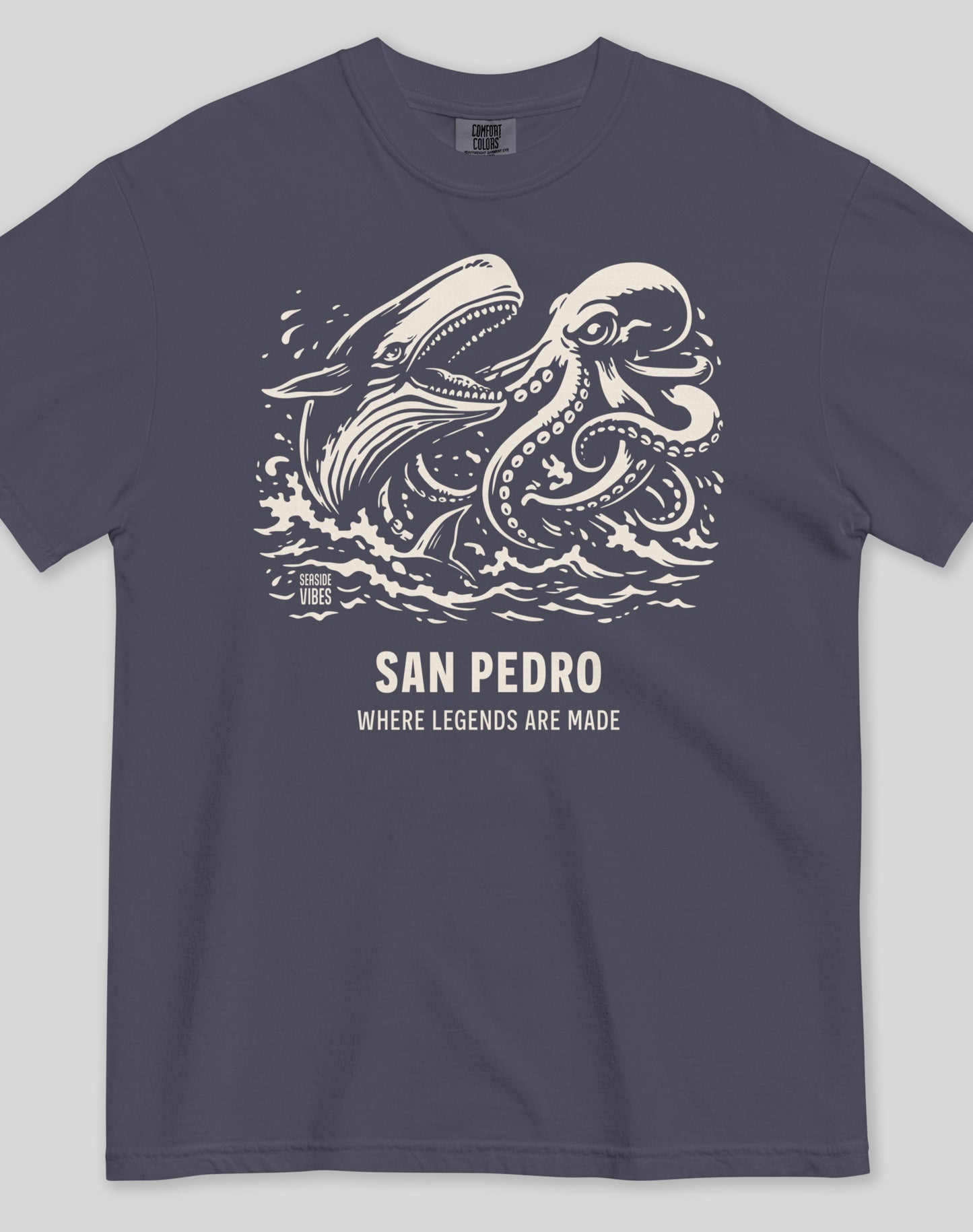 Unisex: San Pedro Octopus vs Whale Legends Tee - 100% Cotton | Navy