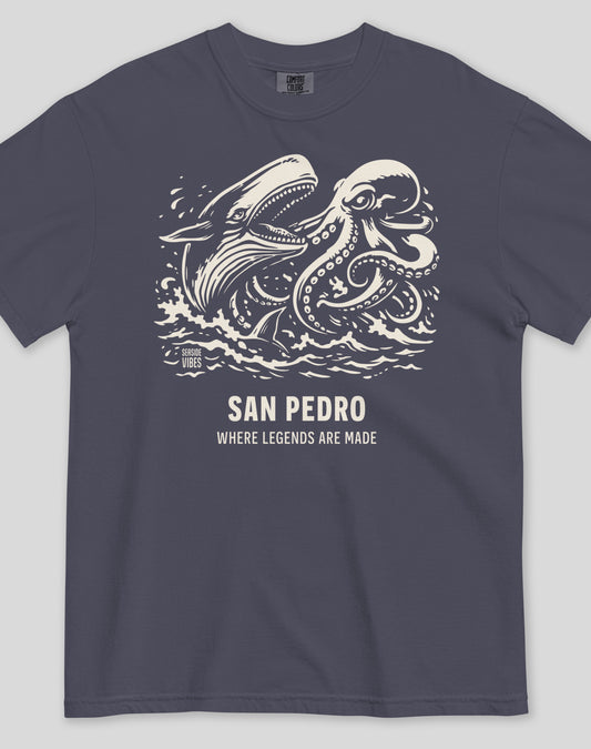 San Pedro Octopus vs Whale Legends Tee - Premium 100% Cotton | Navy