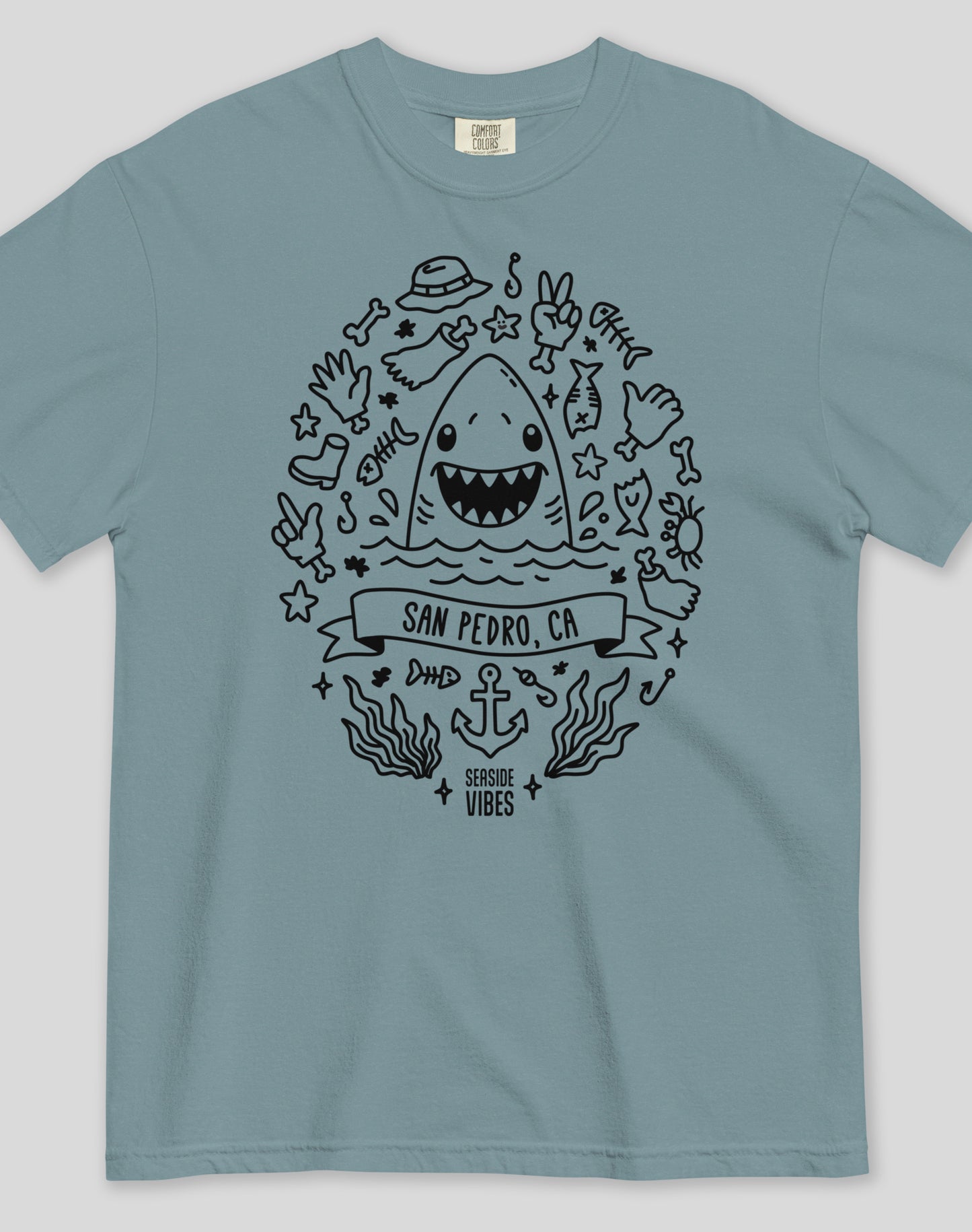 Unisex: Shark Attack San Pedro Tee - 100% Cotton | Ice Blue
