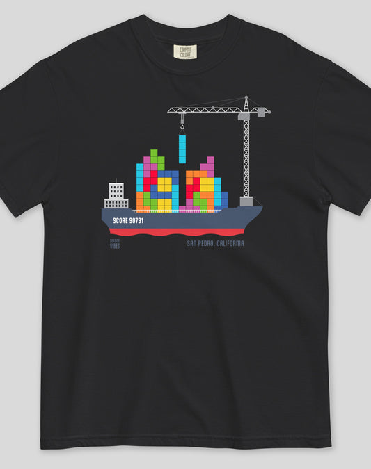 Unisex: San Pedro Tetris Container Ship Tee - 100% Cotton | Black