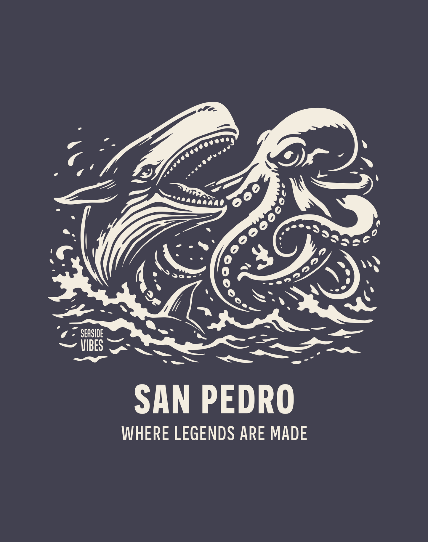 Unisex: San Pedro Octopus vs Whale Legends Tee - 100% Cotton | Navy