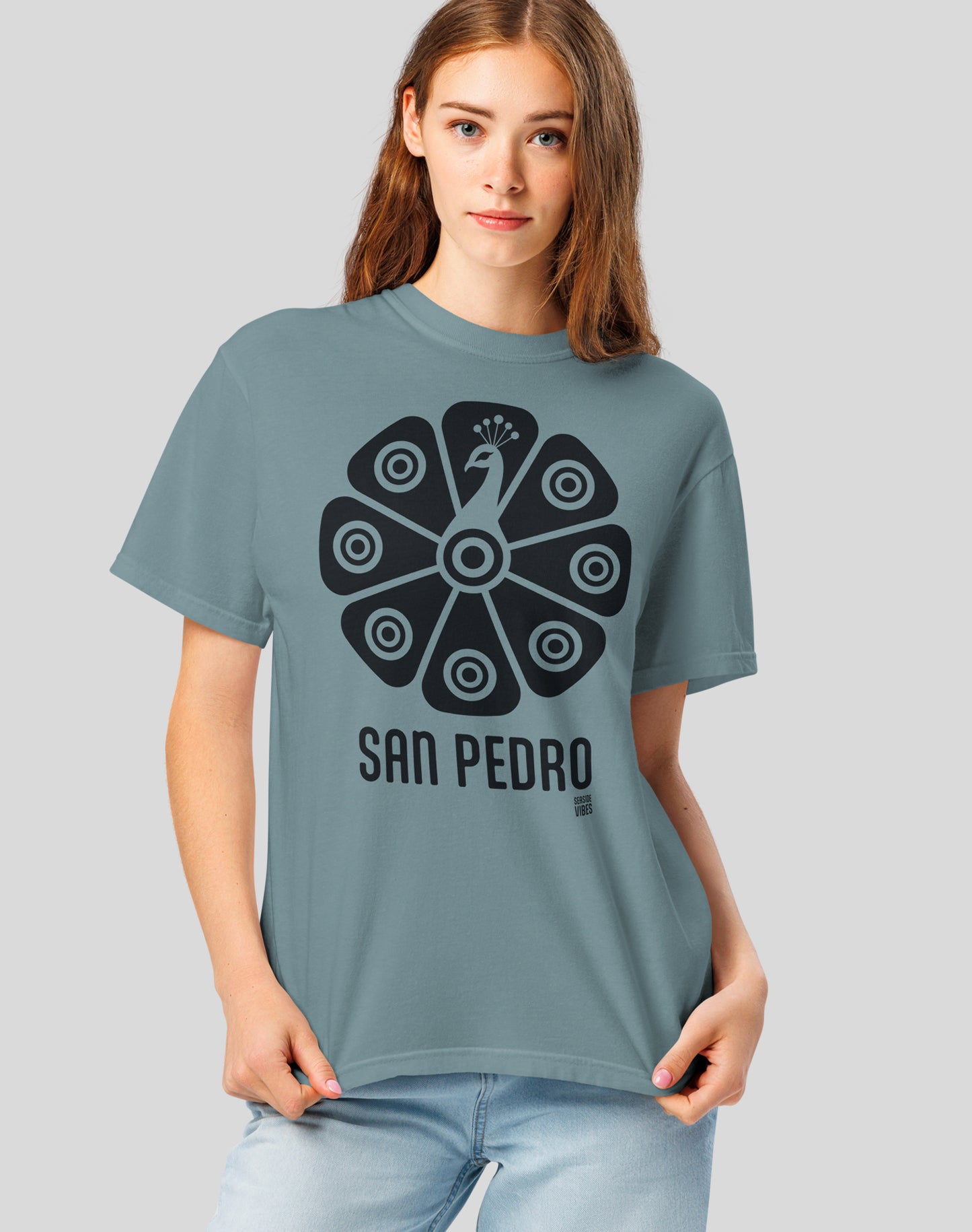Unisex: San Pedro Tribal Peacock Tee - 100% Cotton | Ice Blue