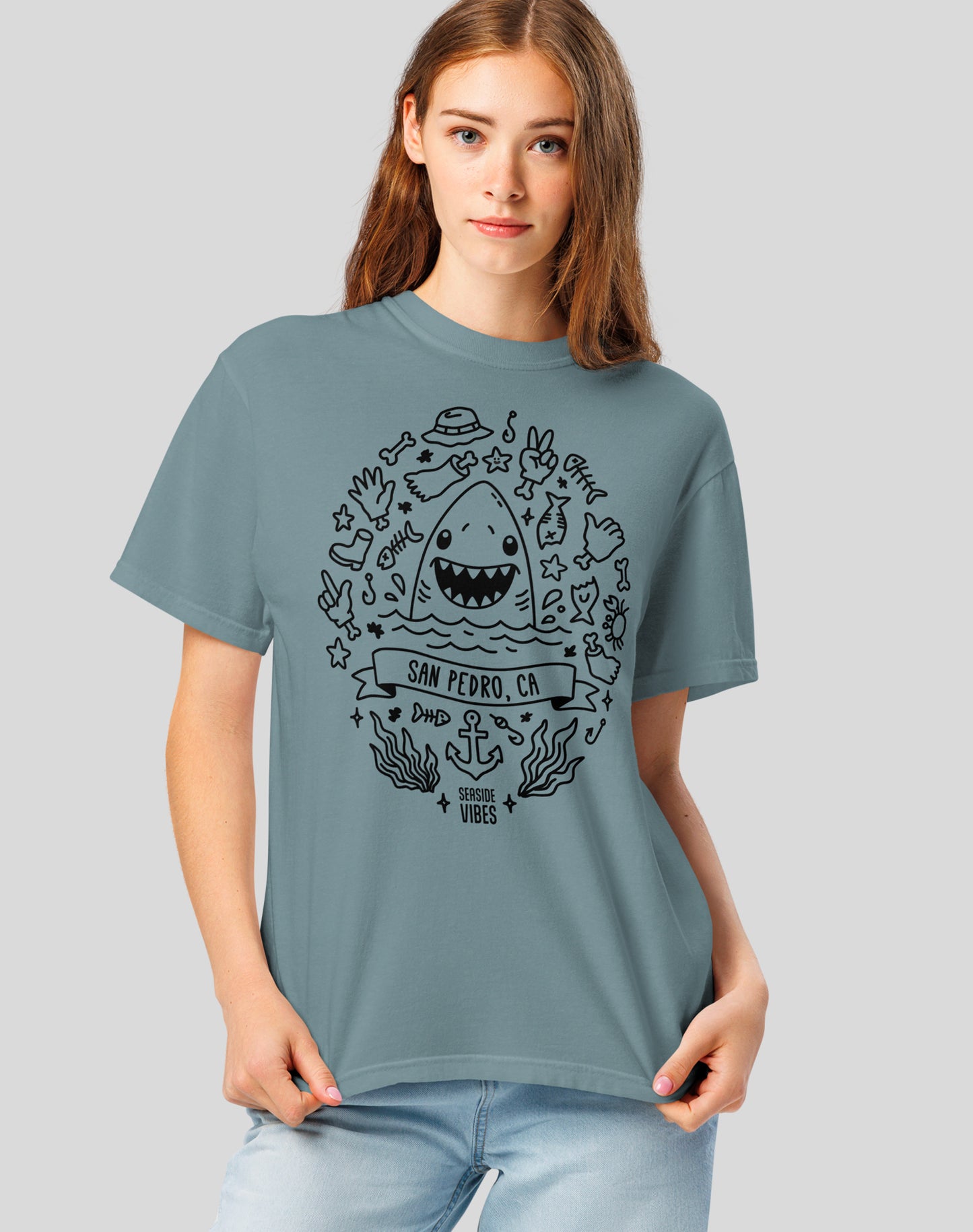 Unisex: Shark Attack San Pedro Tee - 100% Cotton | Ice Blue