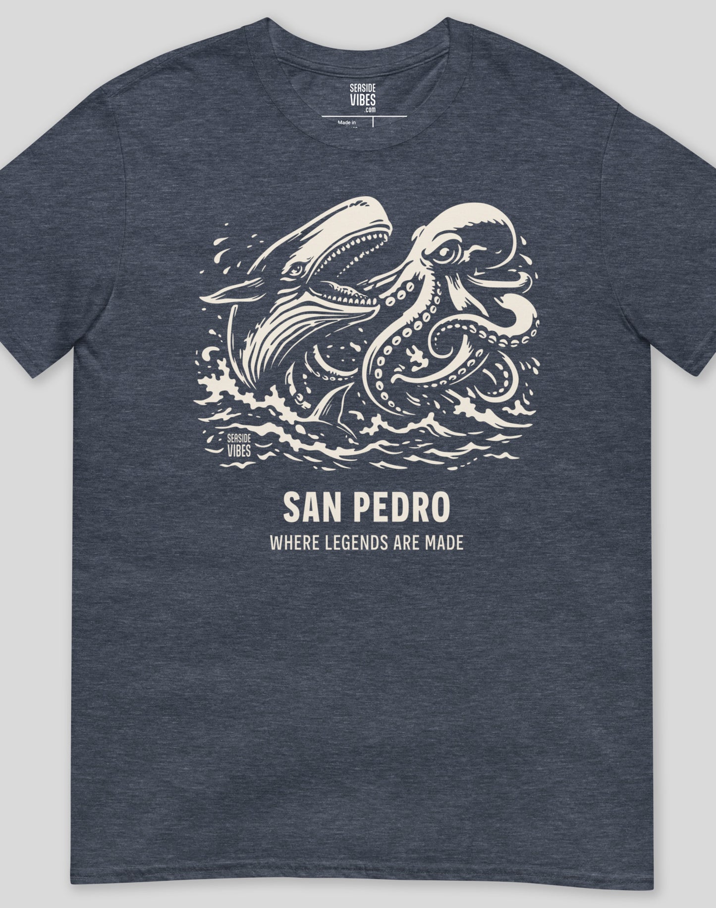 San Pedro Octopus vs Whale Legends Tee - Unisex | Heather Navy