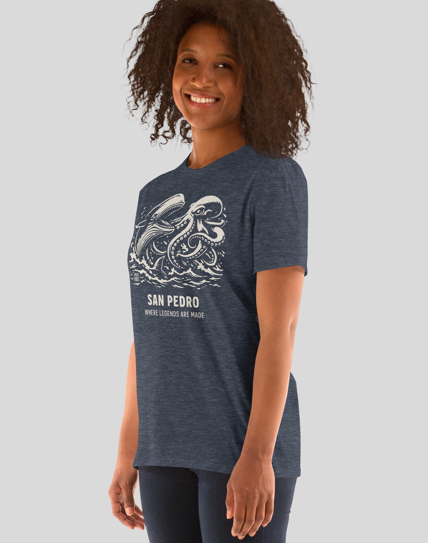 San Pedro Octopus vs Whale Legends Tee - Unisex | Heather Navy