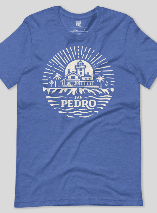 Unisex: Point Fermin Lighthouse Sunrise Tee - Heather True Royal