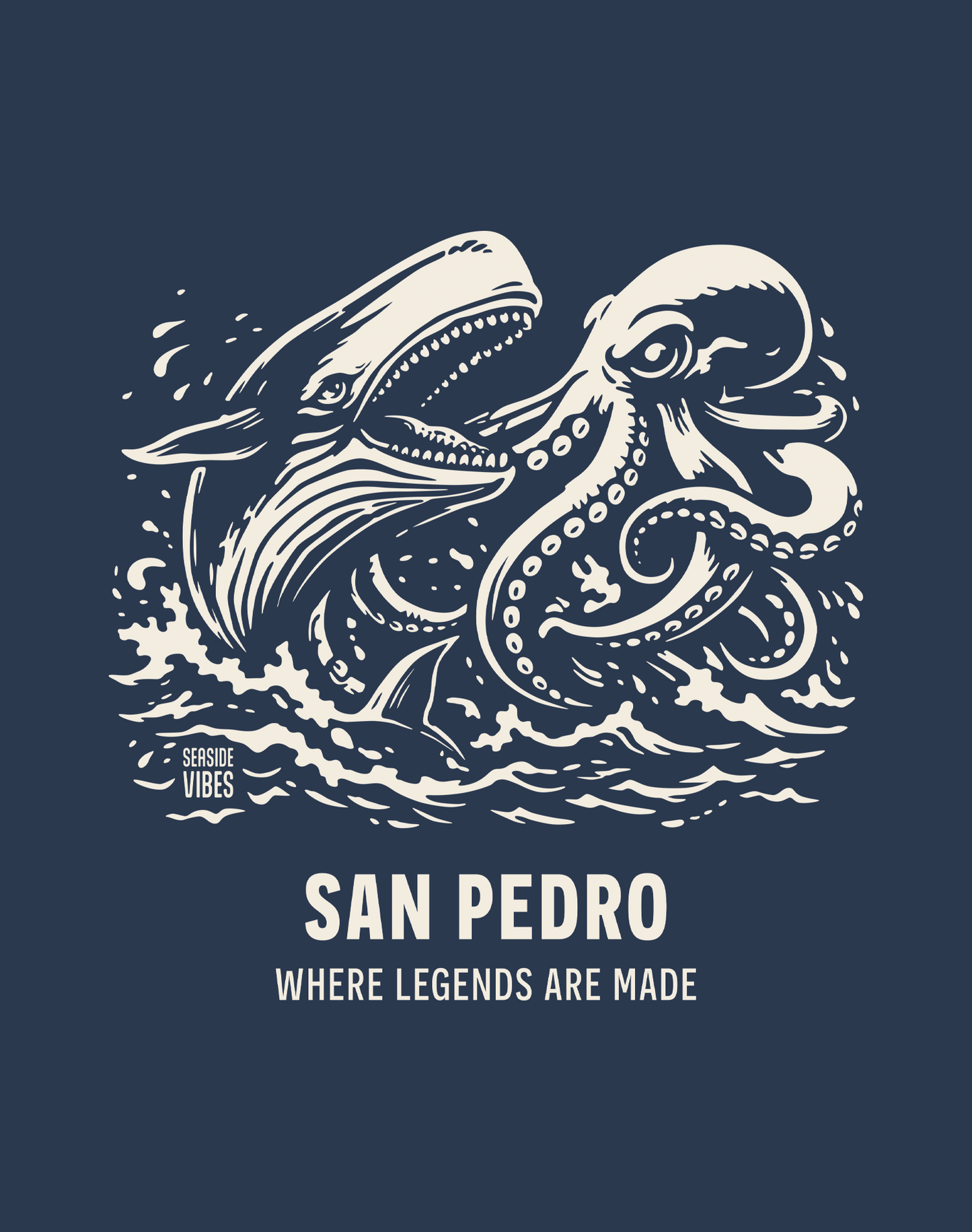 San Pedro Octopus vs Whale Legends Tee - Cotton Blend | Midnight Navy