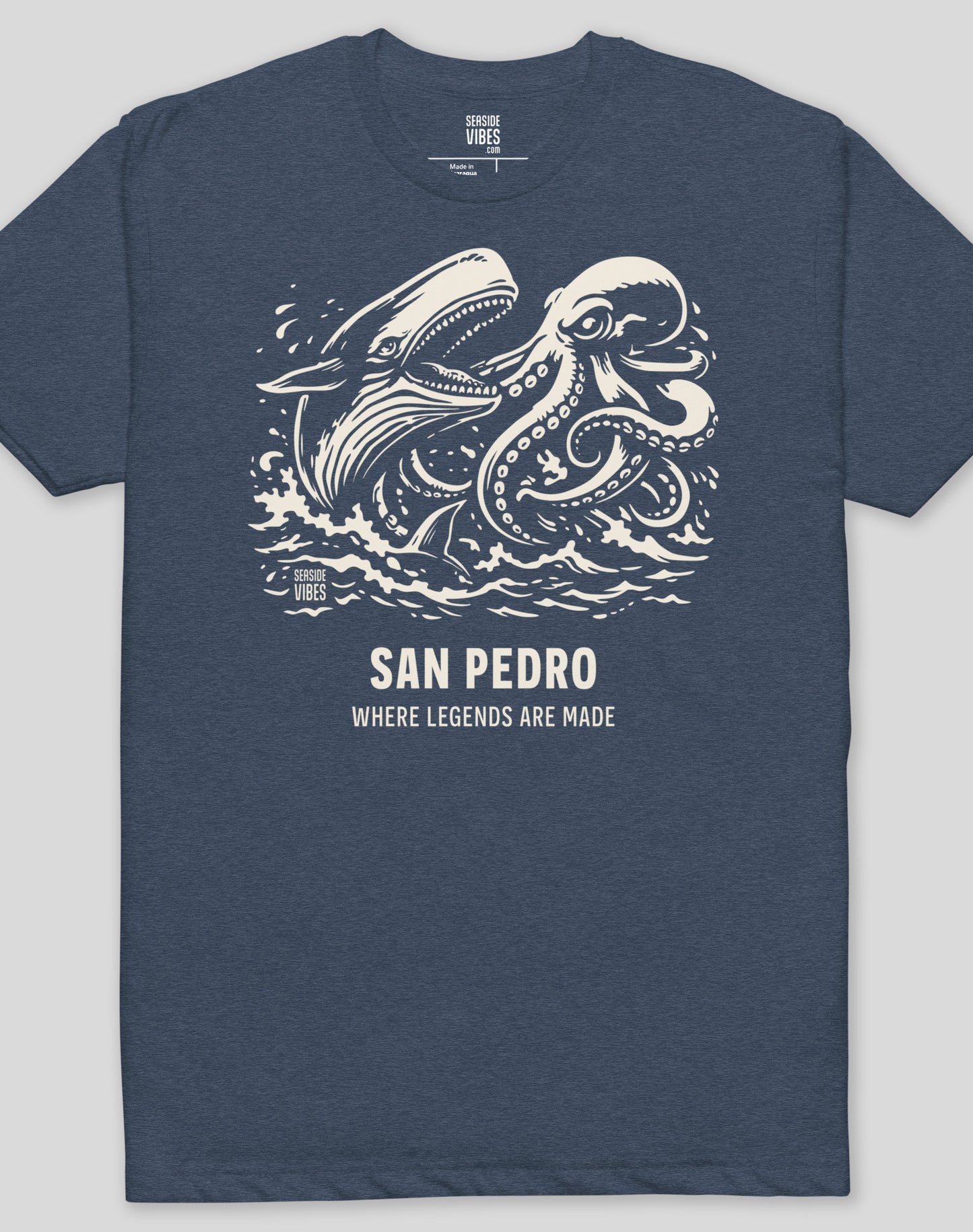 San Pedro Octopus vs Whale Legends Tee - Cotton Blend | Midnight Navy