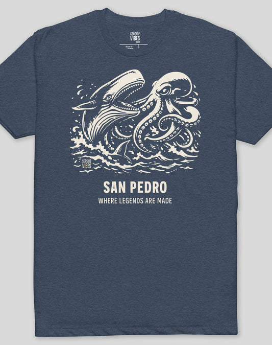 San Pedro Octopus vs Whale Legends Tee - Cotton Blend | Midnight Navy