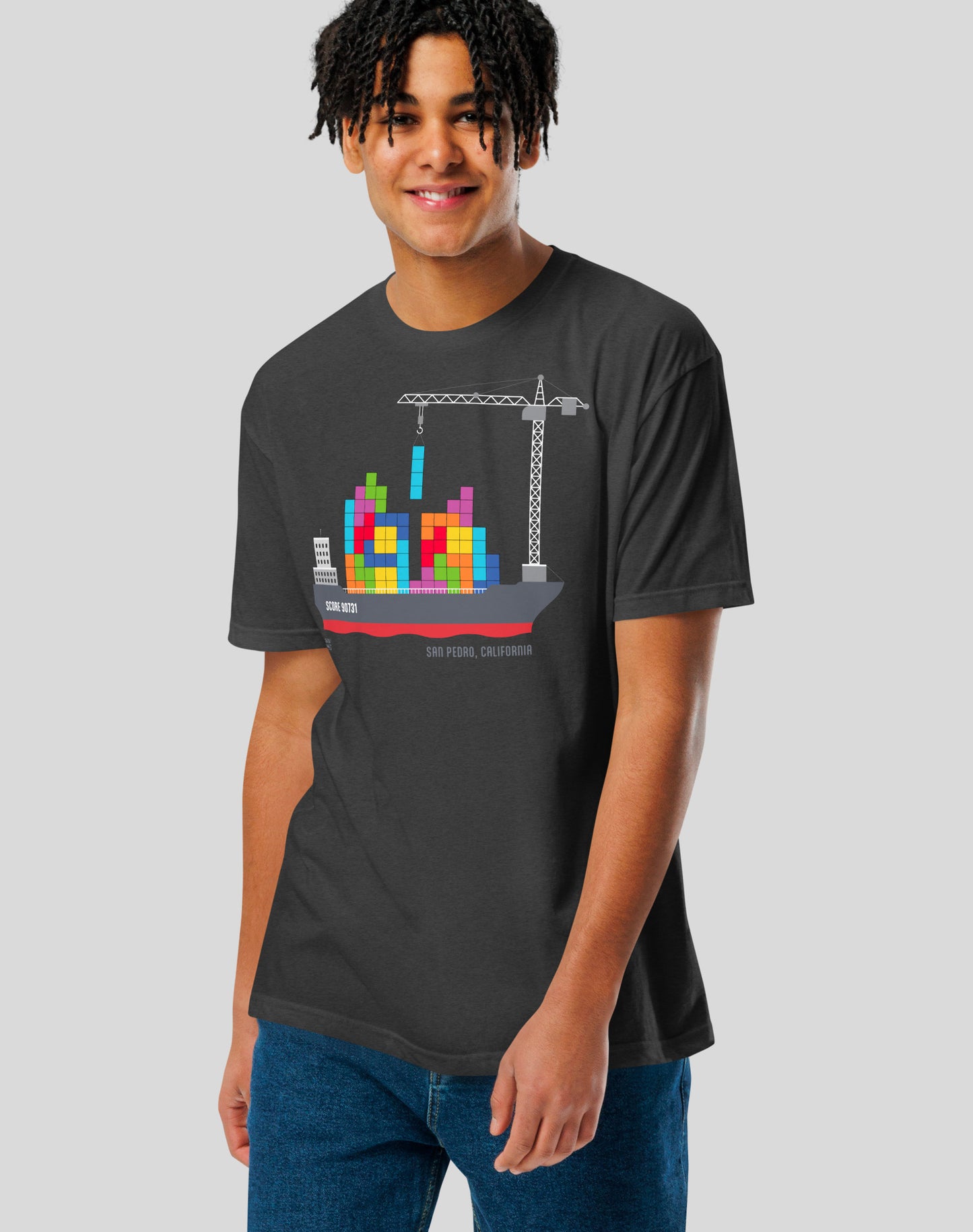 San Pedro Tetris Container Ship Tee- Cotton Blend | Charcoal
