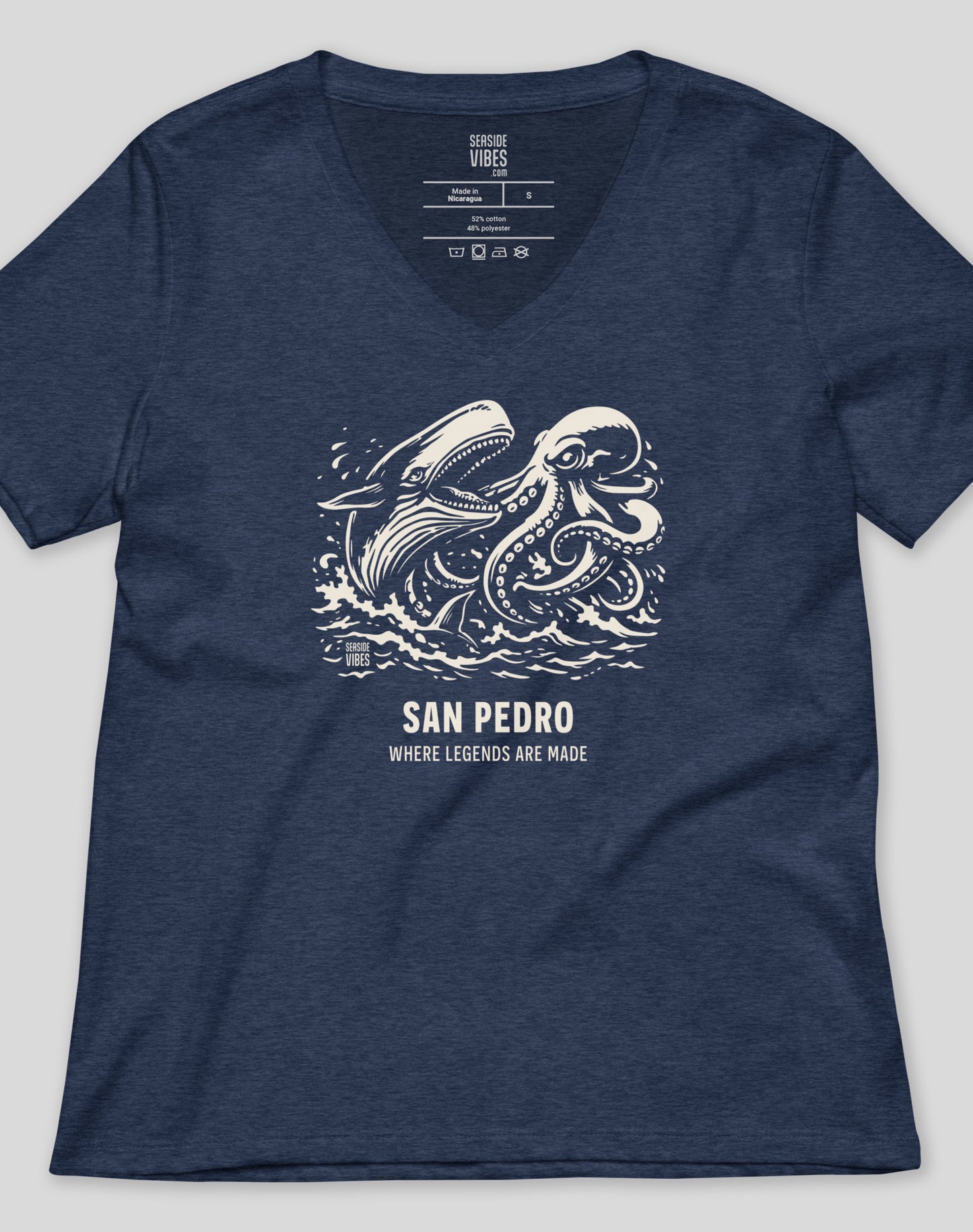 V-Neck: San Pedro Octopus vs Whale Legends Tee | Heather Navy