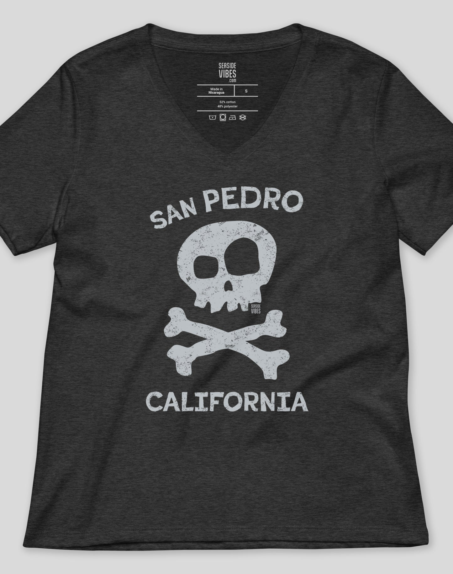 V-Neck: San Pedro Skull and Bones Tee | Dark Grey Heather