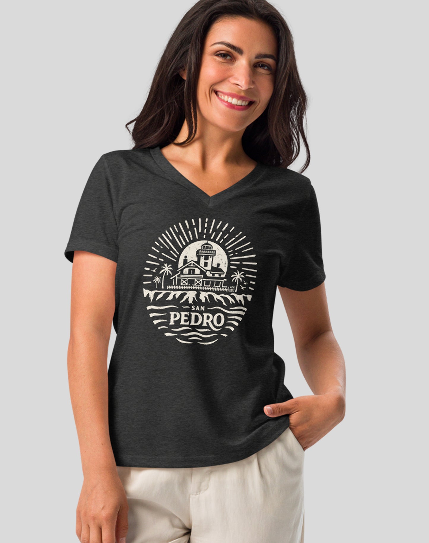 V-Neck: Point Fermin Lighthouse Sunrise Tee | Dark Grey Heather