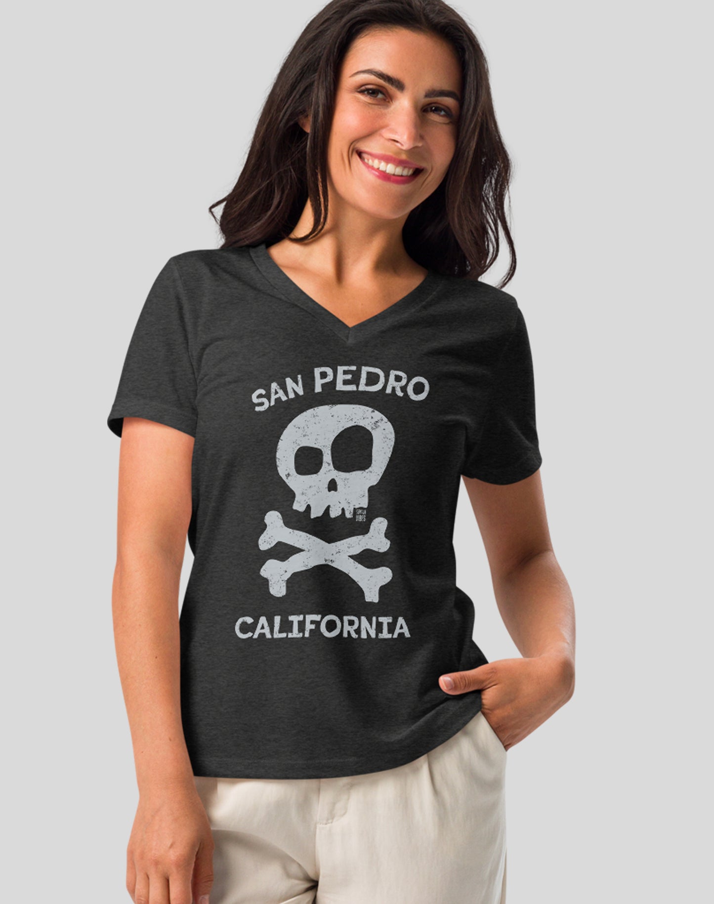 V-Neck: San Pedro Skull and Bones Tee | Dark Grey Heather