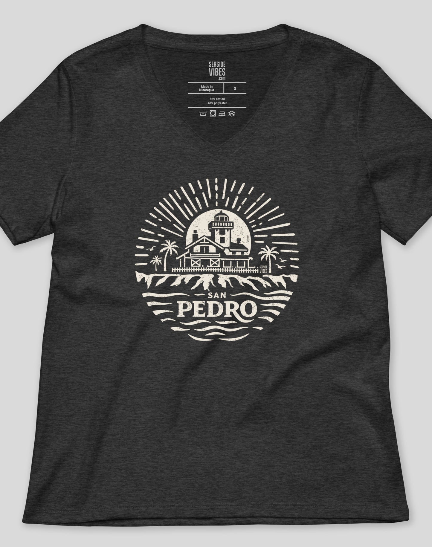 V-Neck: Point Fermin Lighthouse Sunrise Tee | Dark Grey Heather
