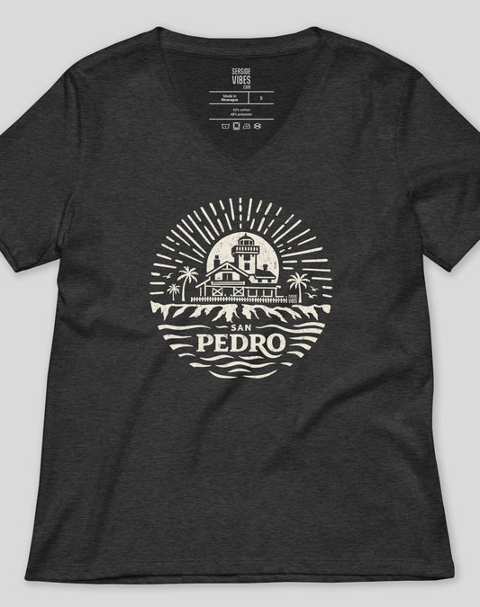 V-Neck: Point Fermin Lighthouse Sunrise Tee | Dark Grey Heather