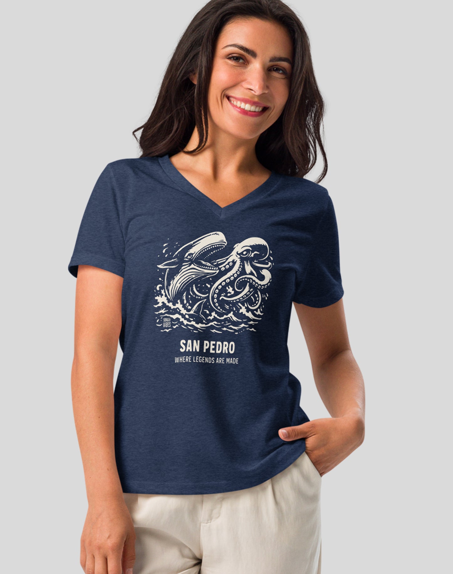 V-Neck: San Pedro Octopus vs Whale Legends Tee | Heather Navy