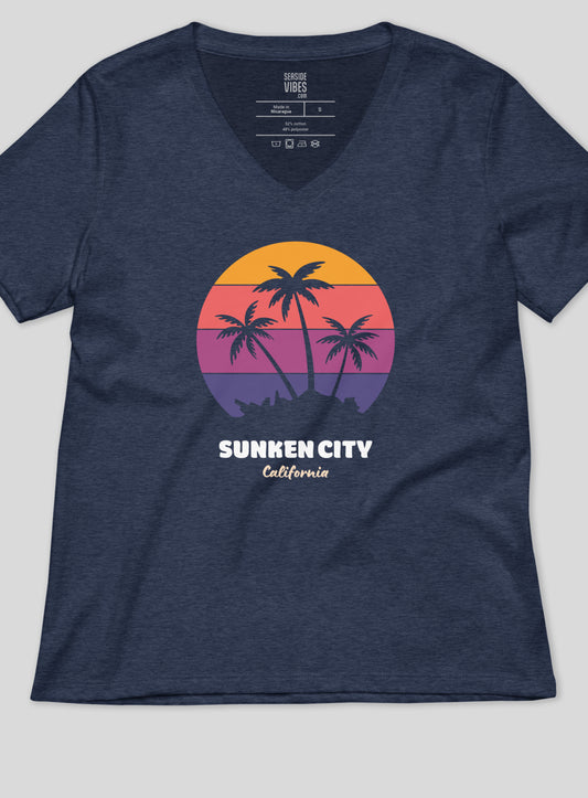 V-Neck: Sunken City Sunset Tee- Heather Navy