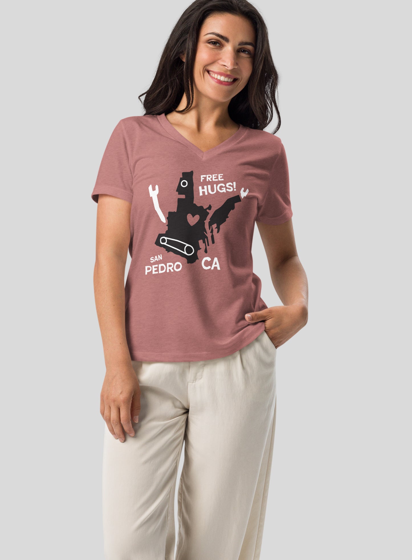 V-Neck: San Pedro Free Hugs Tee - Heather Mauve