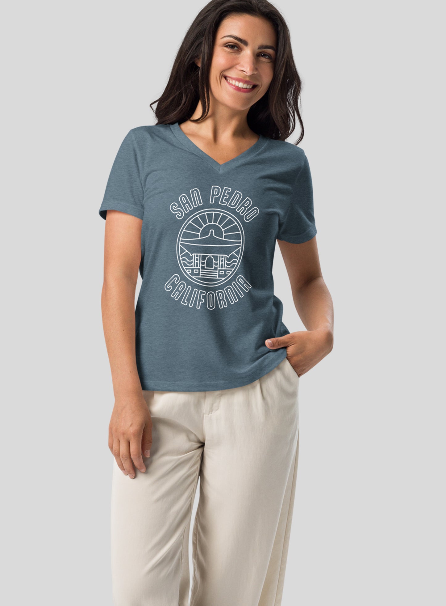 V-Neck: San Pedro - Korean Bell of Friendship Tee - Heather Slate