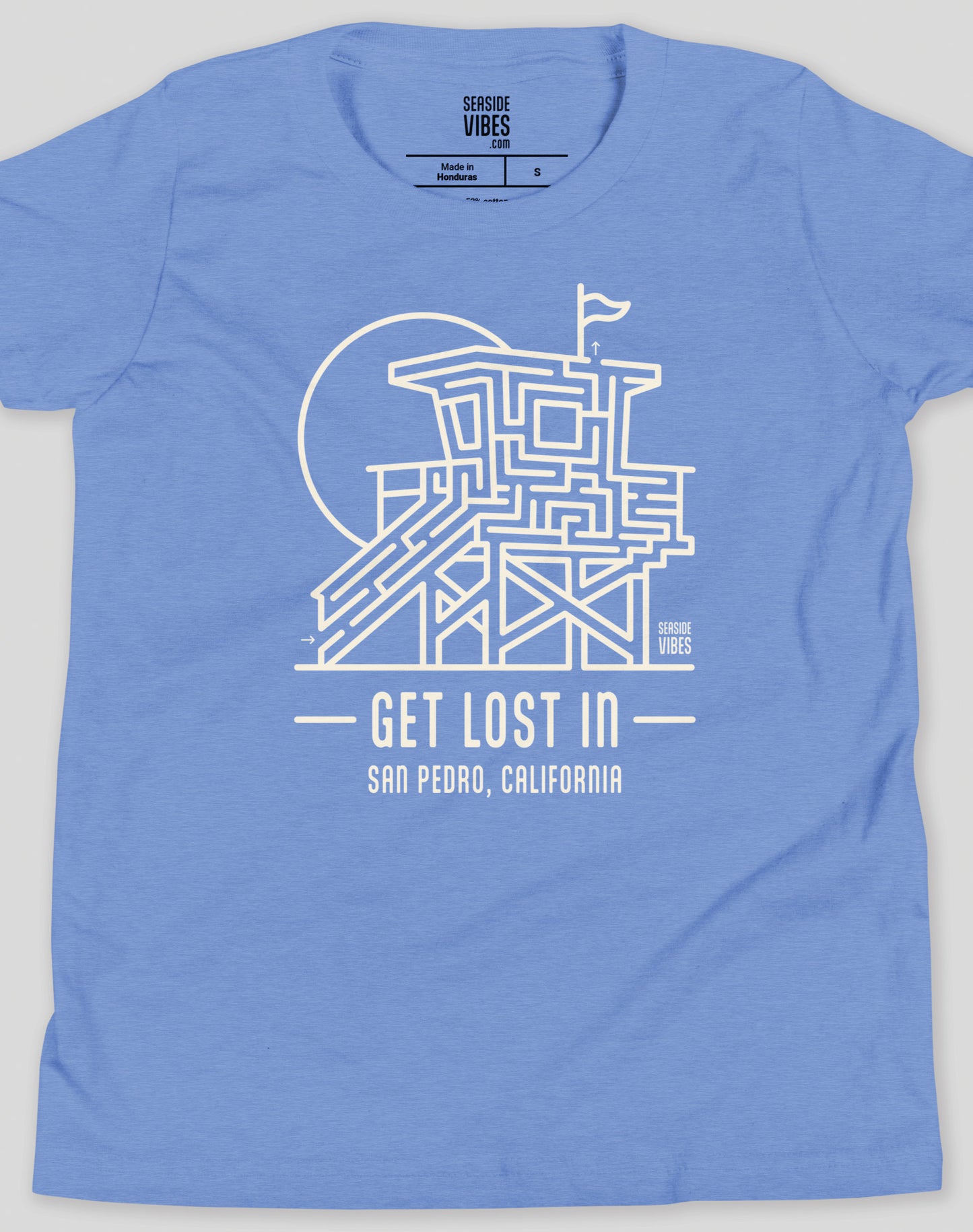 Youth: Get Lost In San Pedro Lifeguard Tower Maze Tee | Heather Columbia Blue