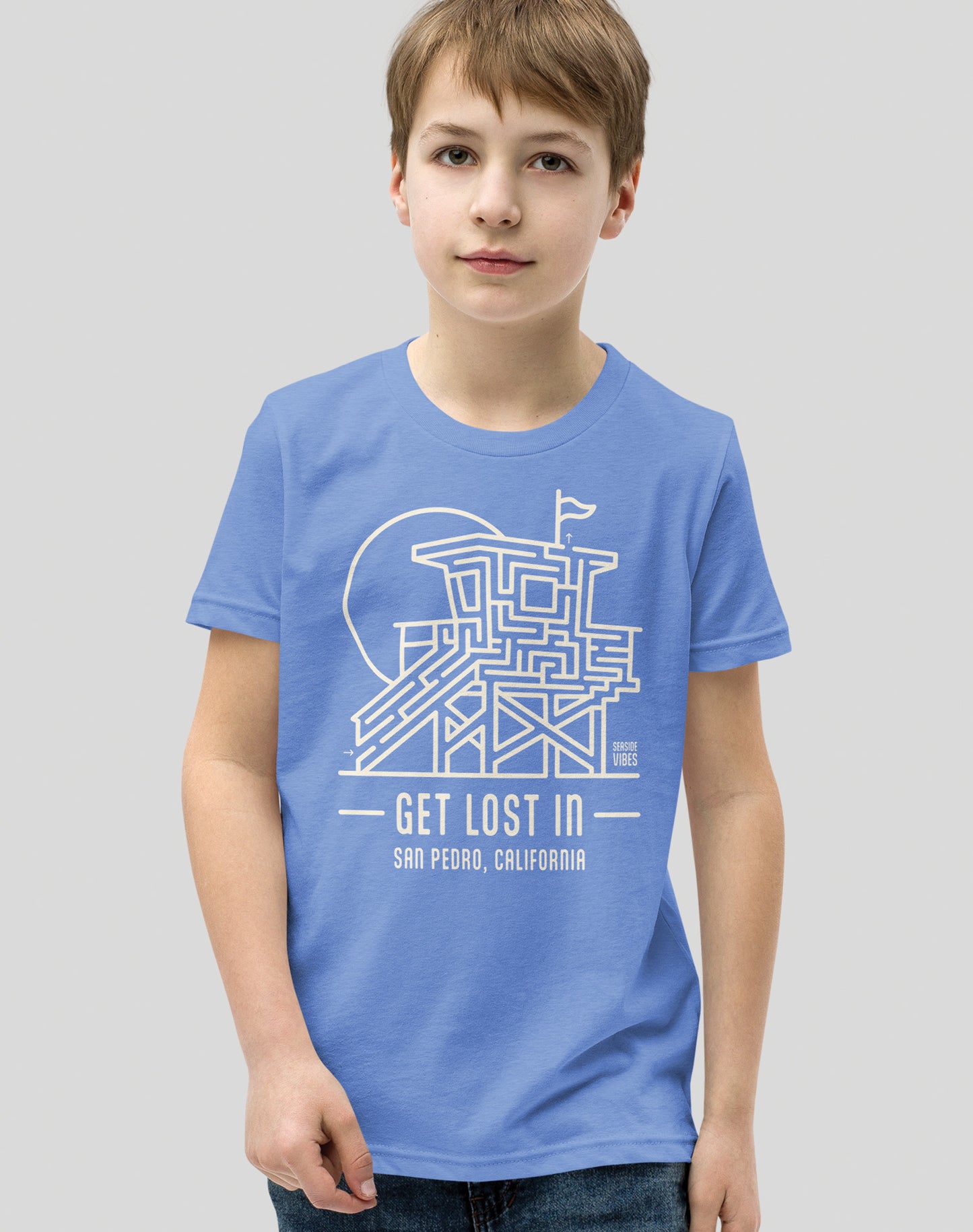 Youth: Get Lost In San Pedro Lifeguard Tower Maze Tee | Heather Columbia Blue