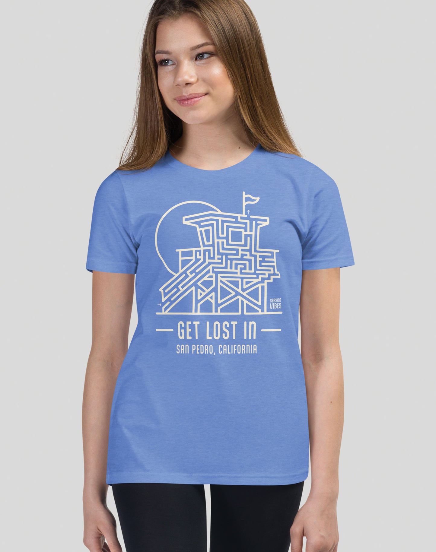 Youth: Get Lost In San Pedro Lifeguard Tower Maze Tee | Heather Columbia Blue